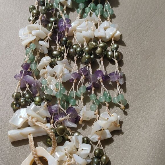 Vintage Floral Flower Necklace Gemstone MOP Shell Aventurine Pearl Amethyst - Picture 8 of 16